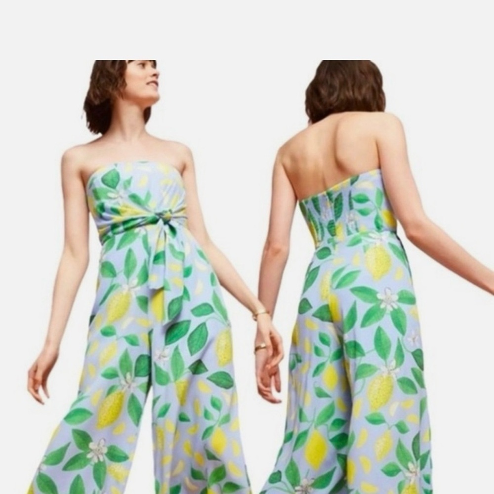 Anthropologie Maeve Lemons Grove Wide Leg Cropped Strapless Jumpsuit Size 6